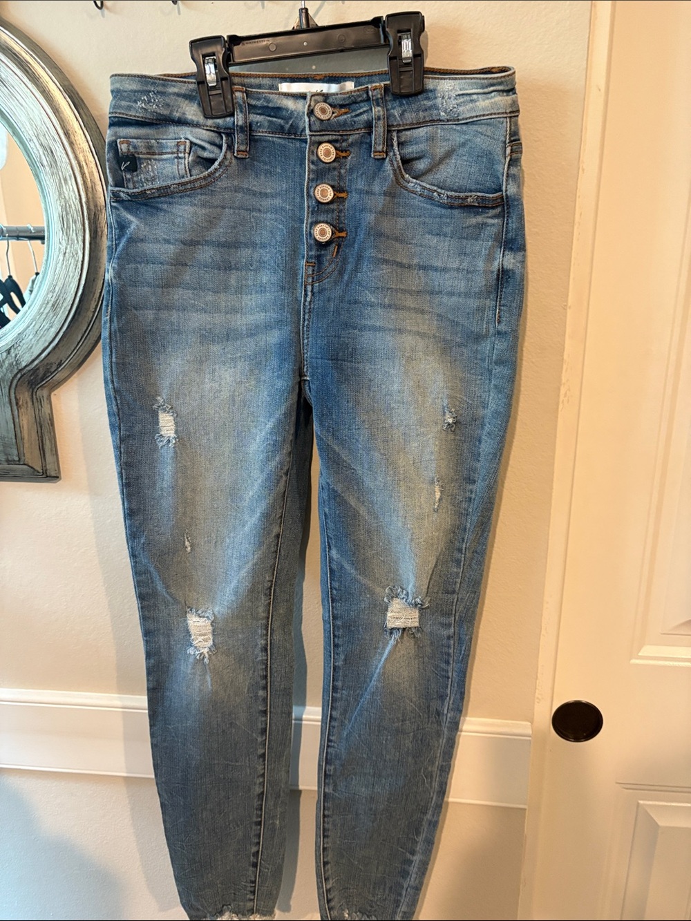 Kan-can Women’s Blue Distressed Button-Fly Jeans-mid/high waisted ankle length